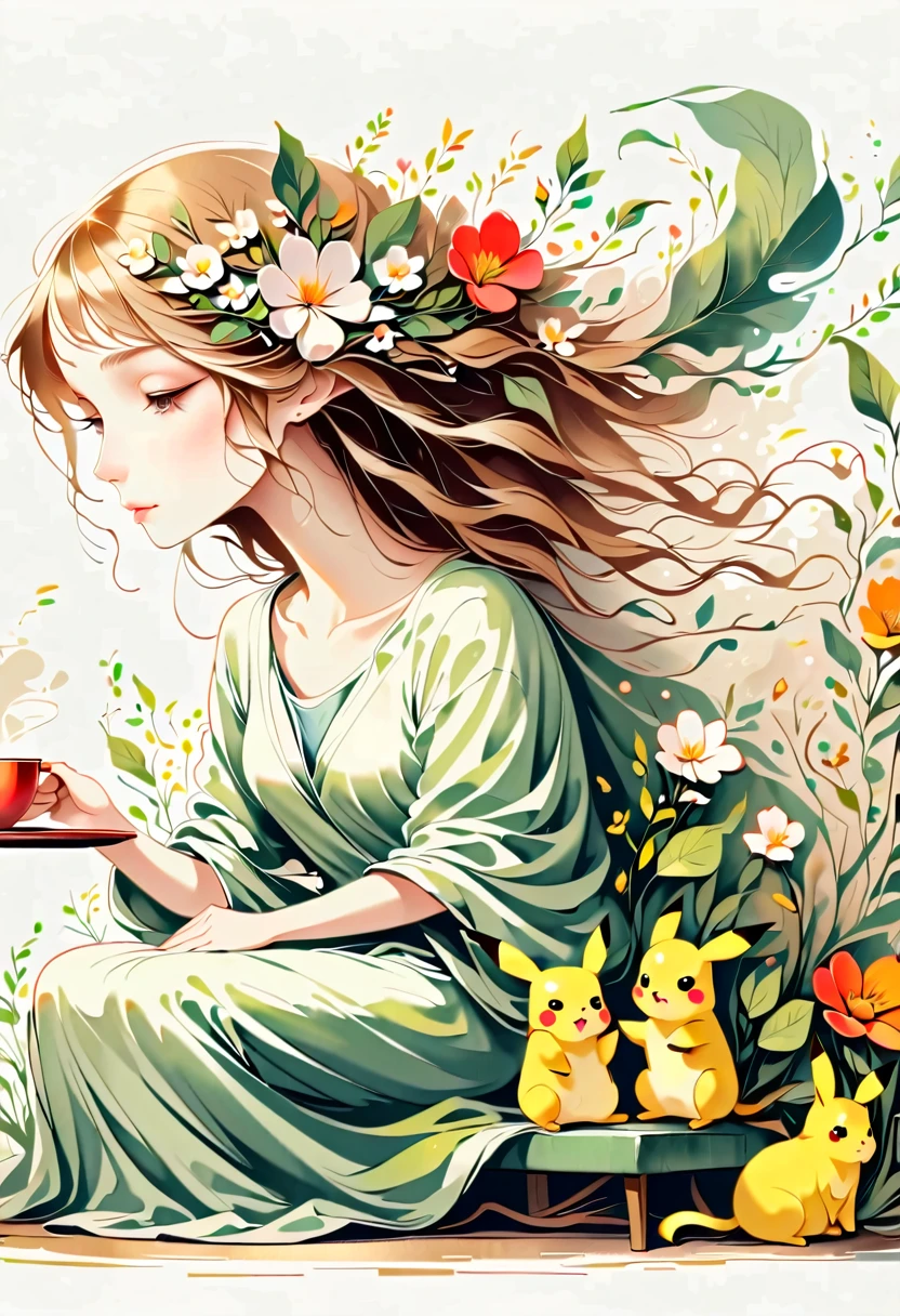 illustration of Pikachu relaxing in a cozy chair while reading a book. Pikachu should be sitting comfortably with a book open on its lap. Include a warm, inviting background with a small table holding a cup of tea and a soft blanket draped over the chair. The atmosphere should be peaceful and cozy.