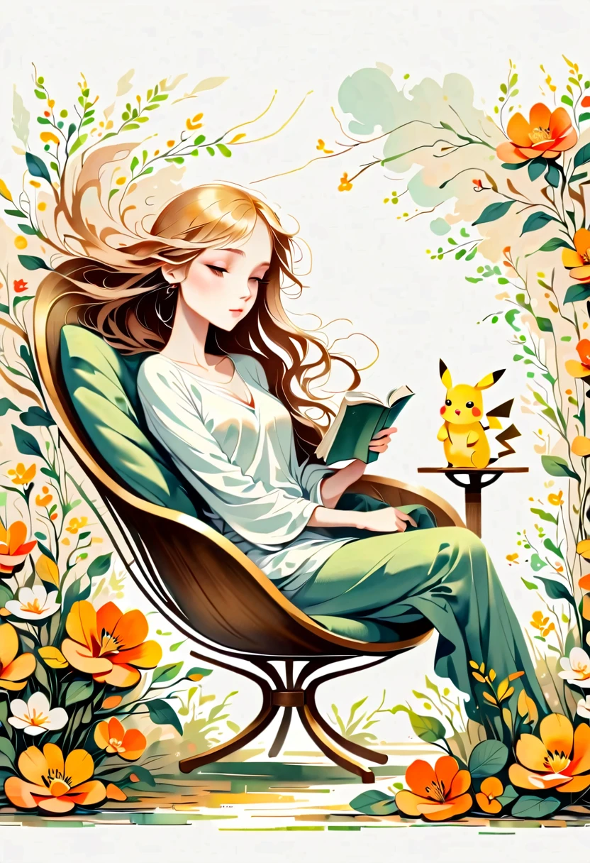 illustration of Pikachu relaxing in a cozy chair while reading a book. Pikachu should be sitting comfortably with a book open on its lap. Include a warm, inviting background with a small table holding a cup of tea and a soft blanket draped over the chair. The atmosphere should be peaceful and cozy.