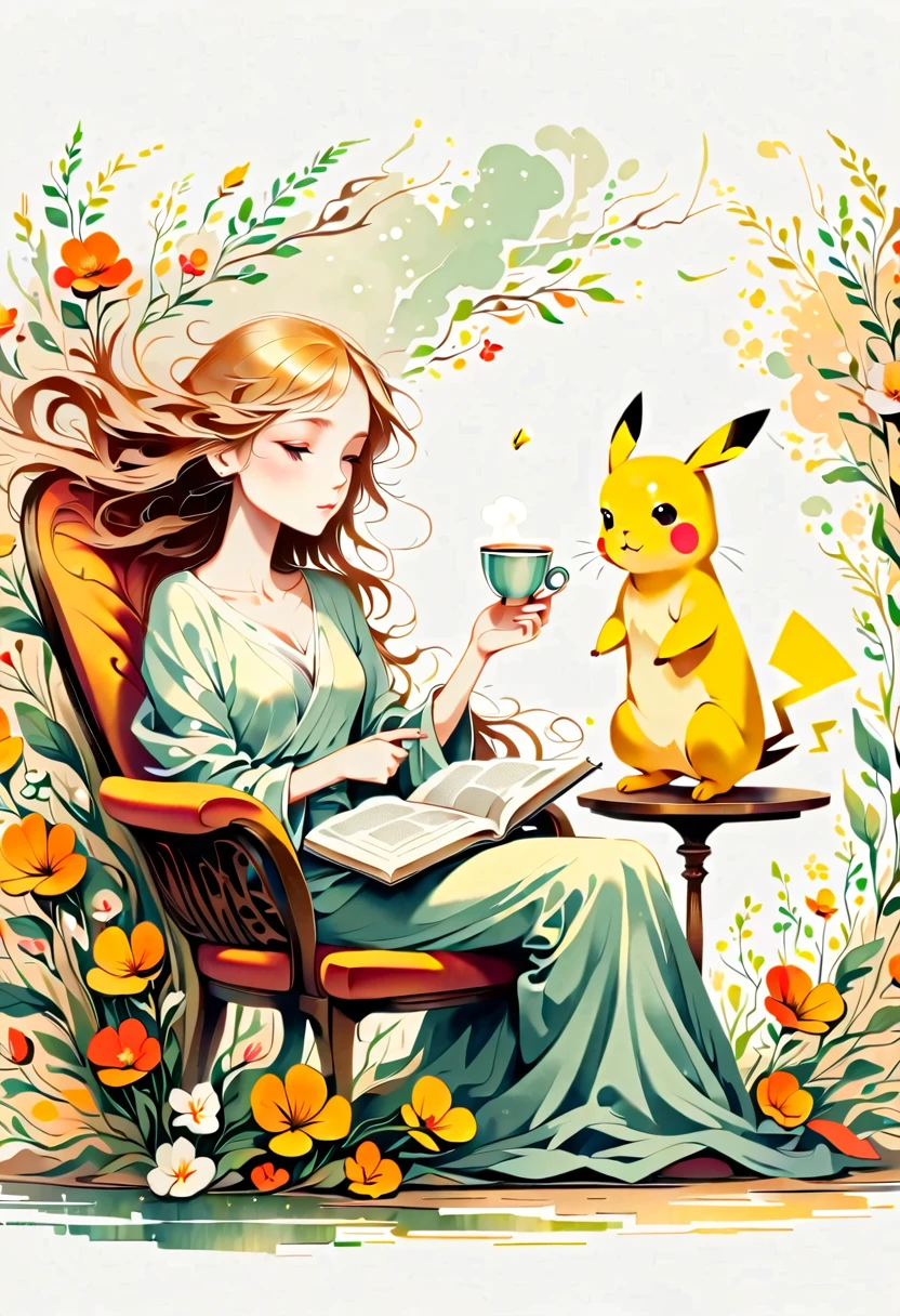  illustration of Pikachu relaxing in a cozy chair while reading a book. Pikachu should be sitting comfortably with a book open on its lap. Include a warm, inviting background with a small table holding a cup of tea and a soft blanket draped over the chair. The atmosphere should be peaceful and cozy.