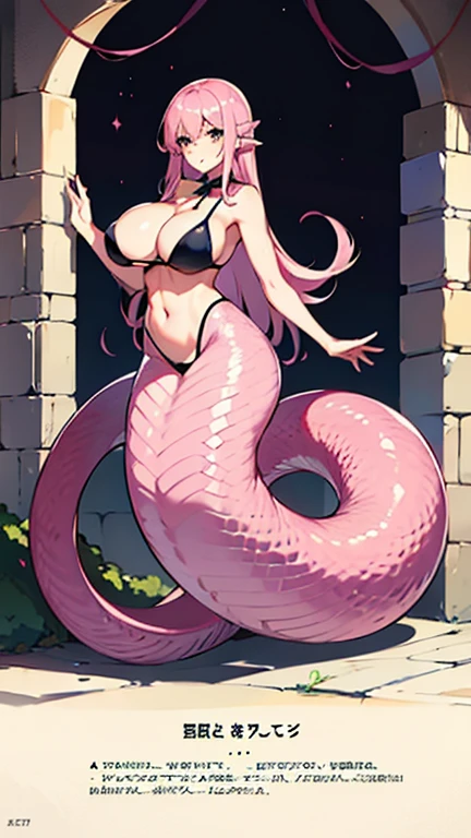 pink snake girl. fantasy setting. long hair. Long women's haircuts, big breasts. pink snake under the body. pink scales. Looks good and friendly. sexy, long body