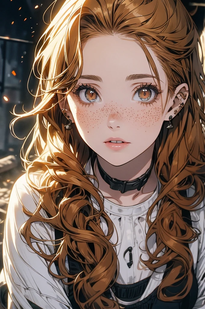 Pretty Irish woman with curly ginger air, freckles, in zombie apocalypse