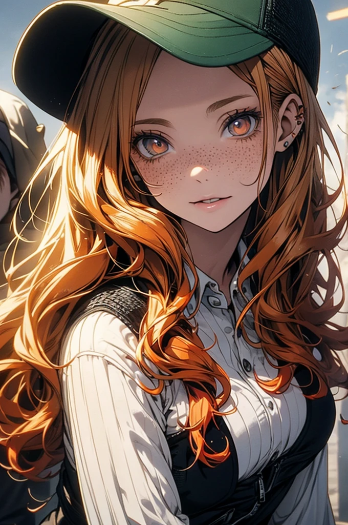 Pretty Irish woman with curly ginger air, freckles, in zombie apocalypse 