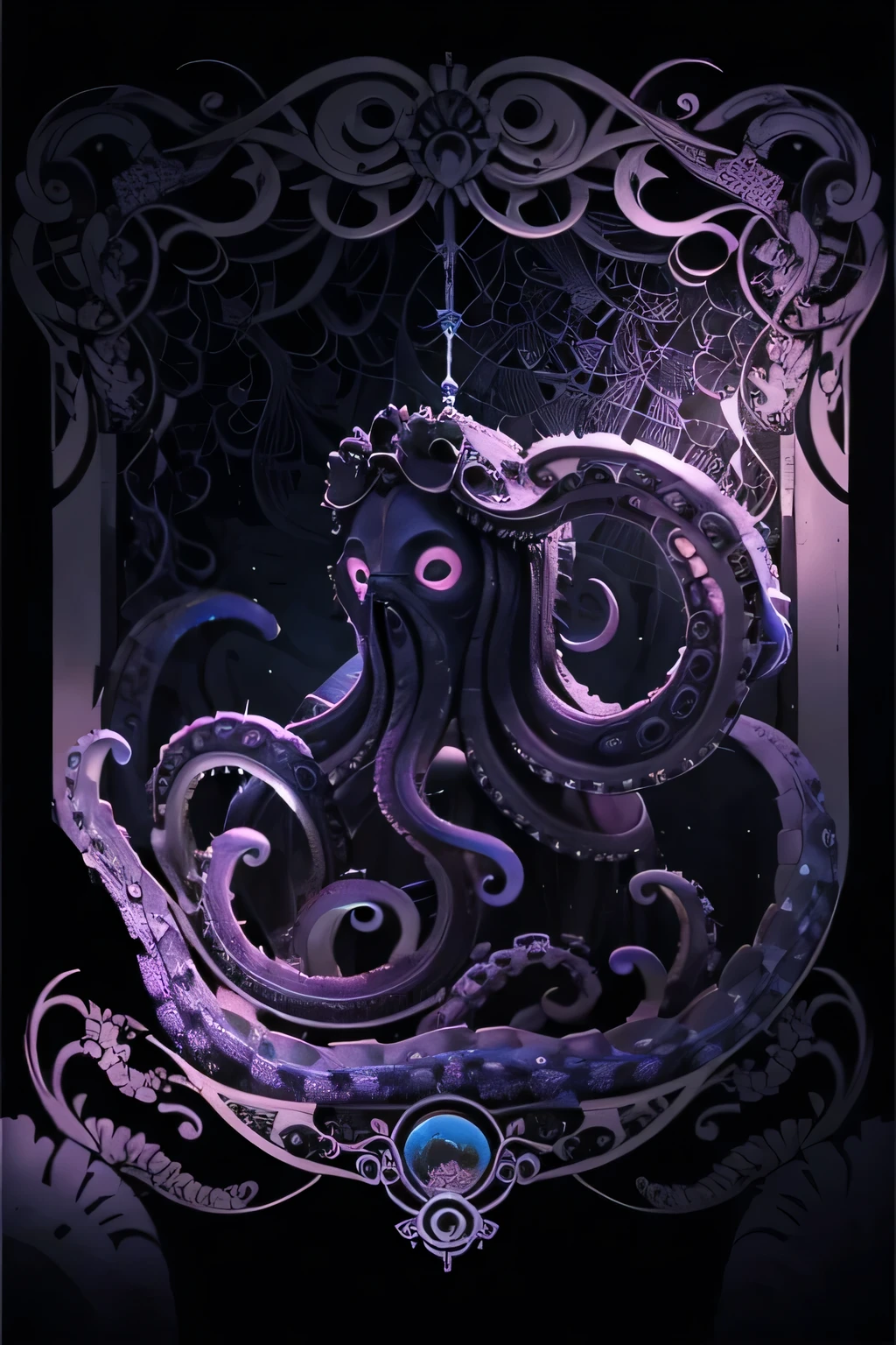 octopus Tentáculos are purple and blue with black dots on them, arte vectorial por Tom Wänerstrand, contraventana, Art Nouveau, twisted Tentáculos, Tentáculos around, ornate Tentáculos growing around, many Tentáculos, octopus Tentáculos, Tentáculo motifs, many suckered Tentáculos. híbrido, Tentáculos, Tentáculo, Tentáculo monster