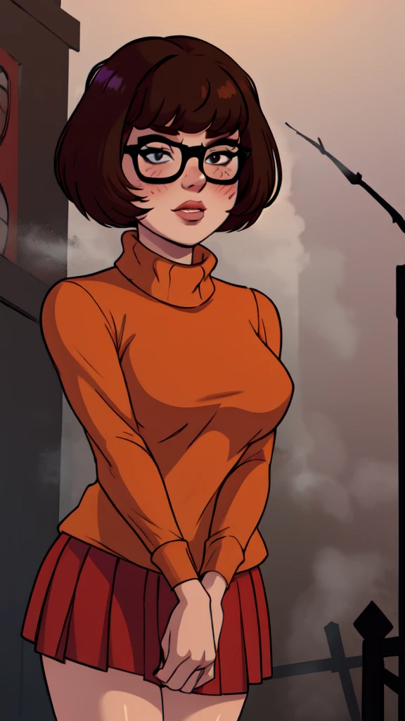 1girl, Velma from scooby-doo, solo, skinny, brown hair, black eyes, square glasses, orange turtleneck blouse and red skirt, eyeliner, looking at viewer, lips, black bob cut, blunt bangs, blush, standing, upper body, face focus, outdoors, horror \(theme\), night, fog egirlmakeup, terror background