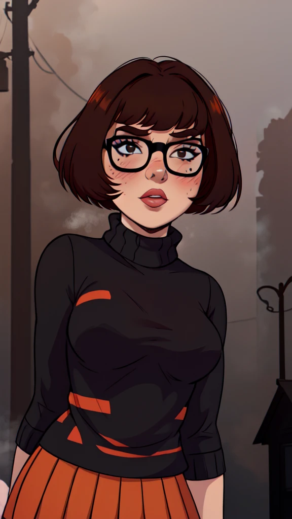 1girl, Velma from scooby-doo, solo, skinny, brown hair, black eyes, square glasses, orange turtleneck blouse and red skirt,  eyeliner, looking at viewer, lips, black bob cut, blunt bangs, blush, standing, upper body, face focus, outdoors, horror \(theme\), night, fog egirlmakeup,  terror background