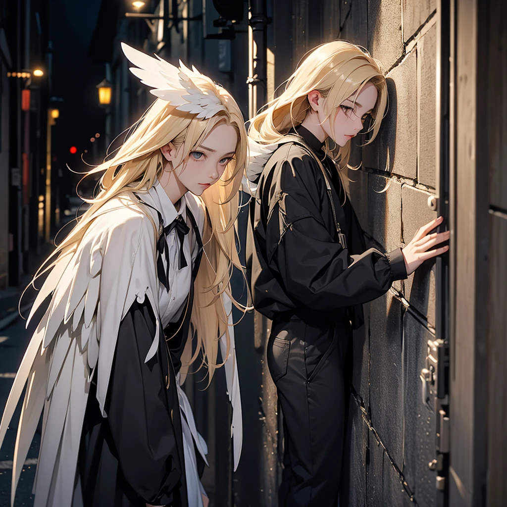 very dark image, angel, injured wings, white eyes, blonde hair, dark alley of the city, leaning on the walls, seriously injured.