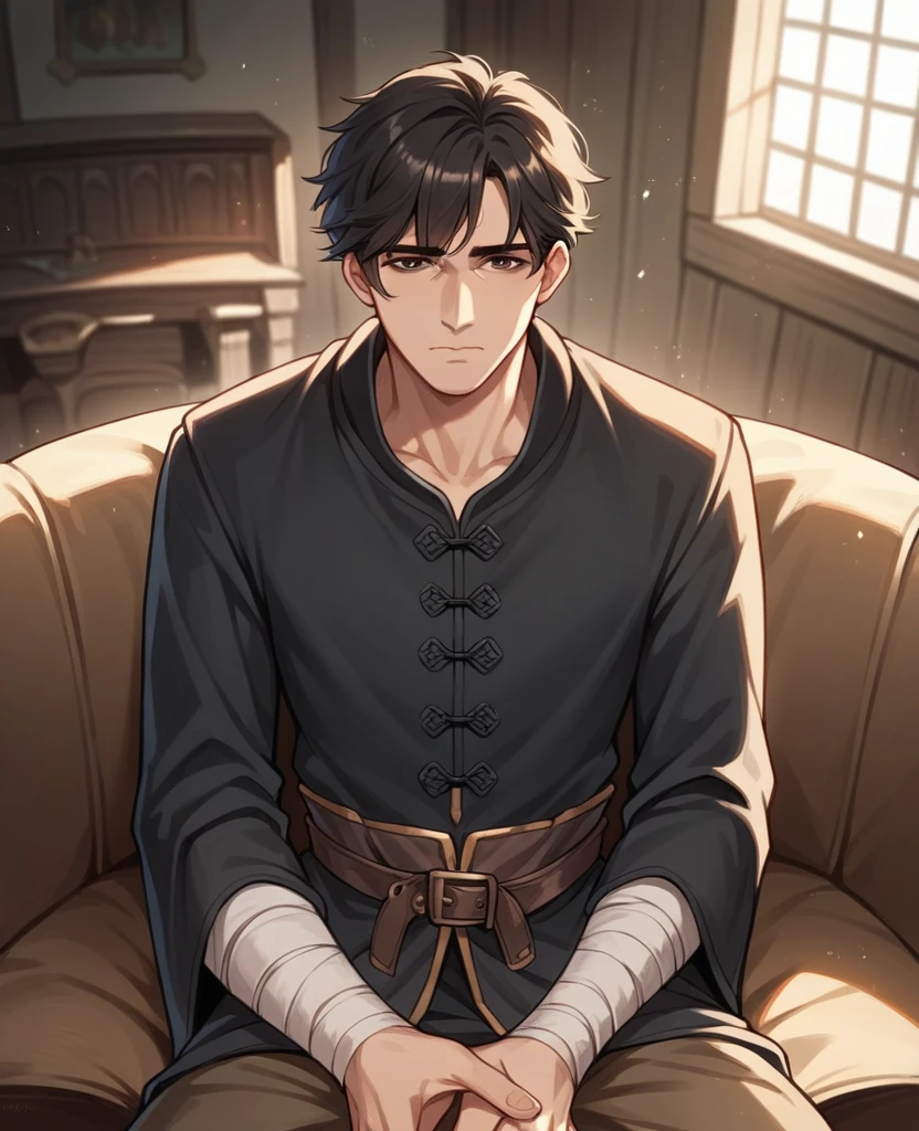 {{upper body, dutch angle}} {{Artist: sincos}} 1male, mature male, black hair, short hair, brown eyes, depressed expression, black jacket, brown belt, indoors, living room, sitting, pov, medieval fantasy.
