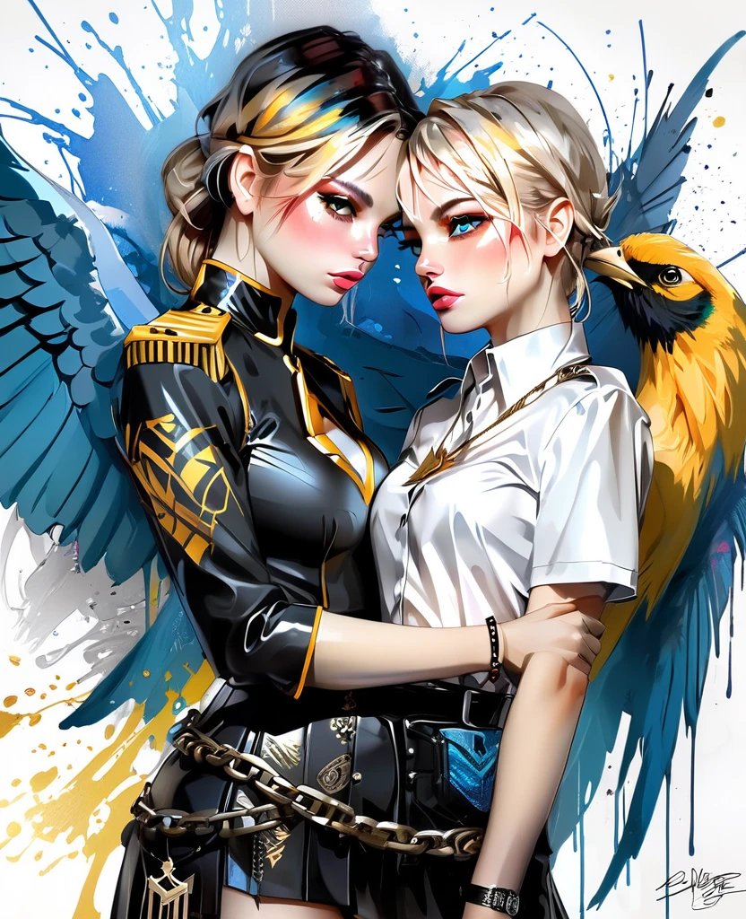 Impressive painting with the beautiful Elsa Frozen Jean + phoenix power girl with chained wrists, provocative pose, flirting expression, tattered unbuttoned shirt black gold highy detailed tattered leather mini skirt, Perfect Anatomia, centred, near perfect, dynamic, highy detailed, art station, conceptual artwork, smooth, sharp focus, illustration, arte de Carne Griffiths e Wadim Kashin, graffiti airbrush techniques, High-definition accent lighting, contrasted with vivid paint colors, cinematic, photorrealistic, by boris vallejo, extra space atmosphere, Digital rendering, digitalpainting, bip, Noah Bradley, Cirilo Roland, ross tran, trending on art station
