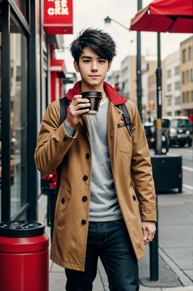 An anime style boy with a coffee and a red camera on