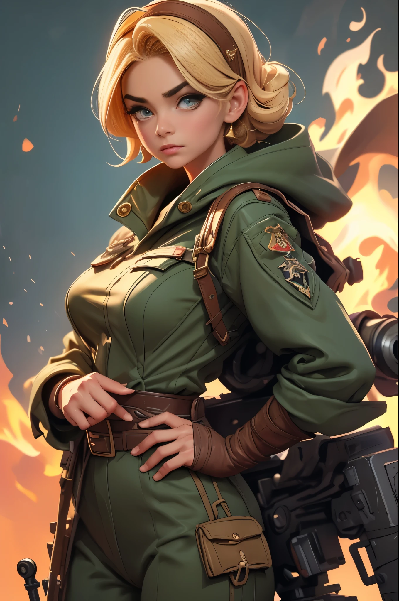 Art inspired by John Buscema, World War II poster, we see a nurse (1woman)holding a folder, perfect hospital uniform, short hair up to the shoulders, color black, clear green eyes, breasts small, corpo delgado, imposing in a hospital tent in Fronte, Cannon fire, A scene showing seriousness and conviction,big boobies,from bottom to top