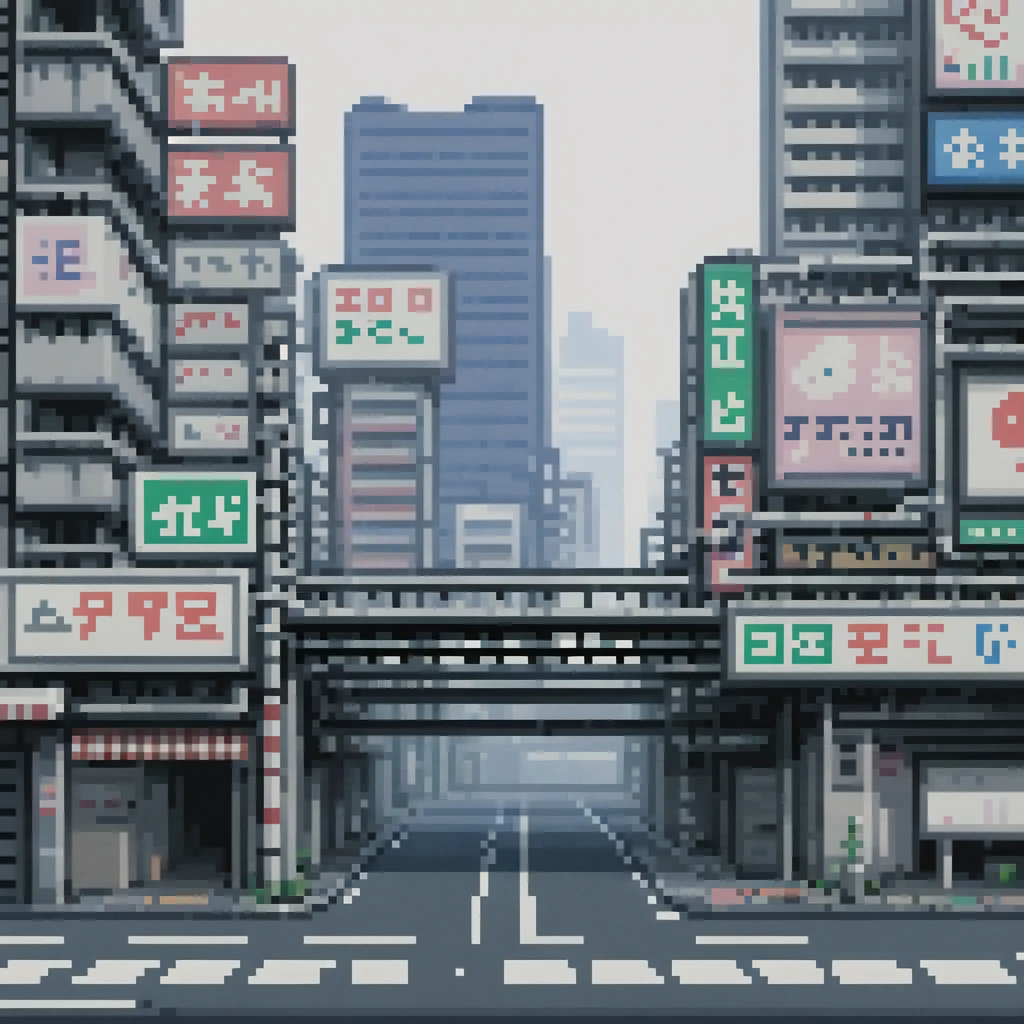 pixel art, 258 bits, sheet of various empty 2d side buildings and overpasses in Shinjuku with buildings behind