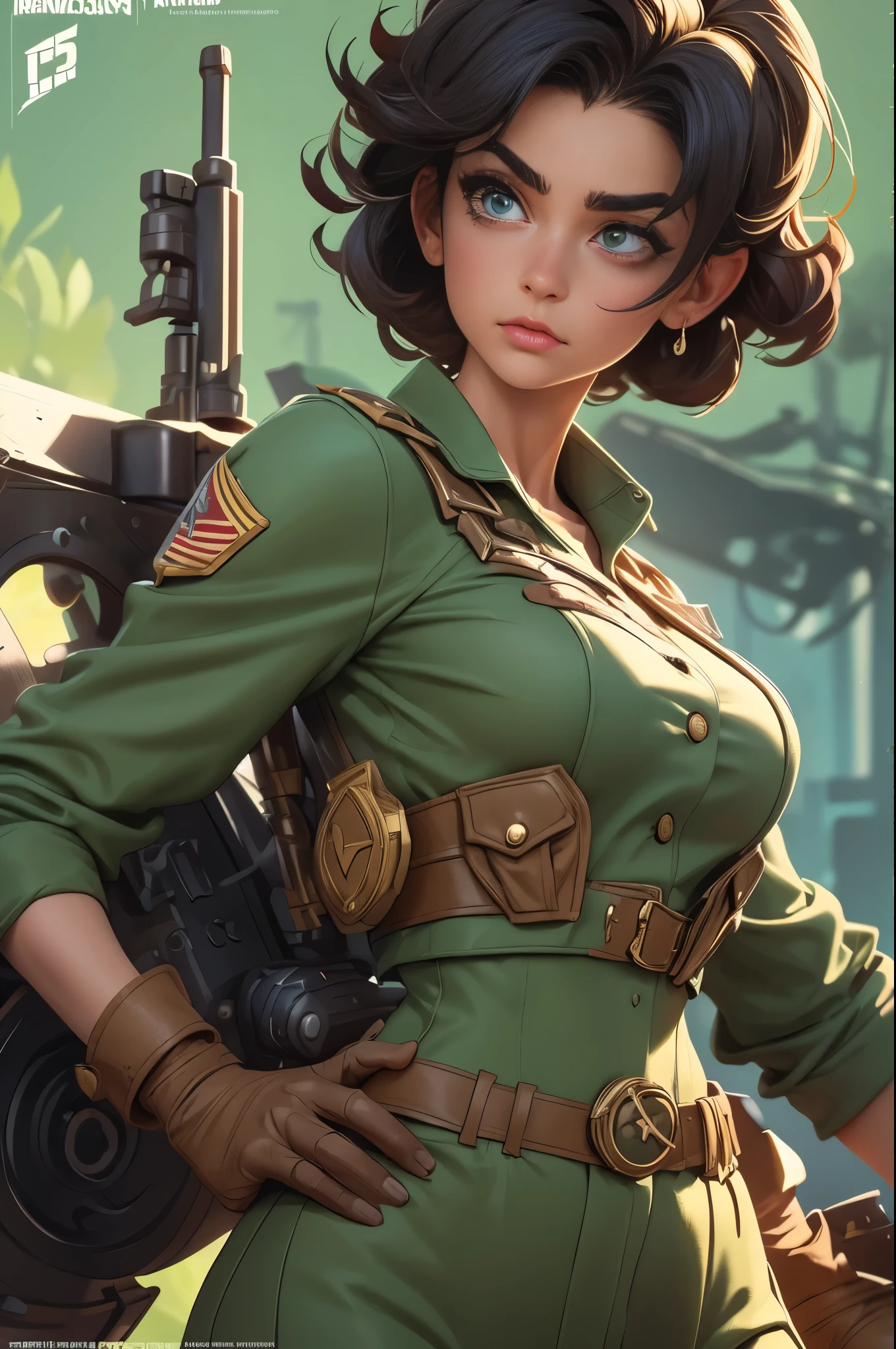 Art inspired by John Buscema, World War II poster, we see a nurse (1woman)holding a folder, perfect hospital uniform, short hair up to the shoulders, color black, clear green eyes, breasts small, corpo delgado, imposing in a hospital tent in Fronte, Cannon fire, A scene showing seriousness and conviction,big boobies,from bottom to top