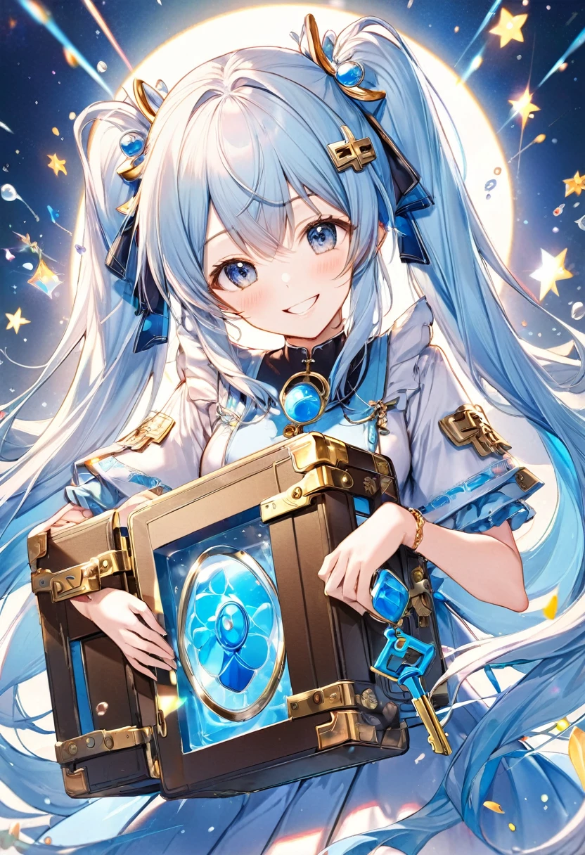 Light blue long hair、Twin-tailed Girl、holding a big key、Bright smile、big safe