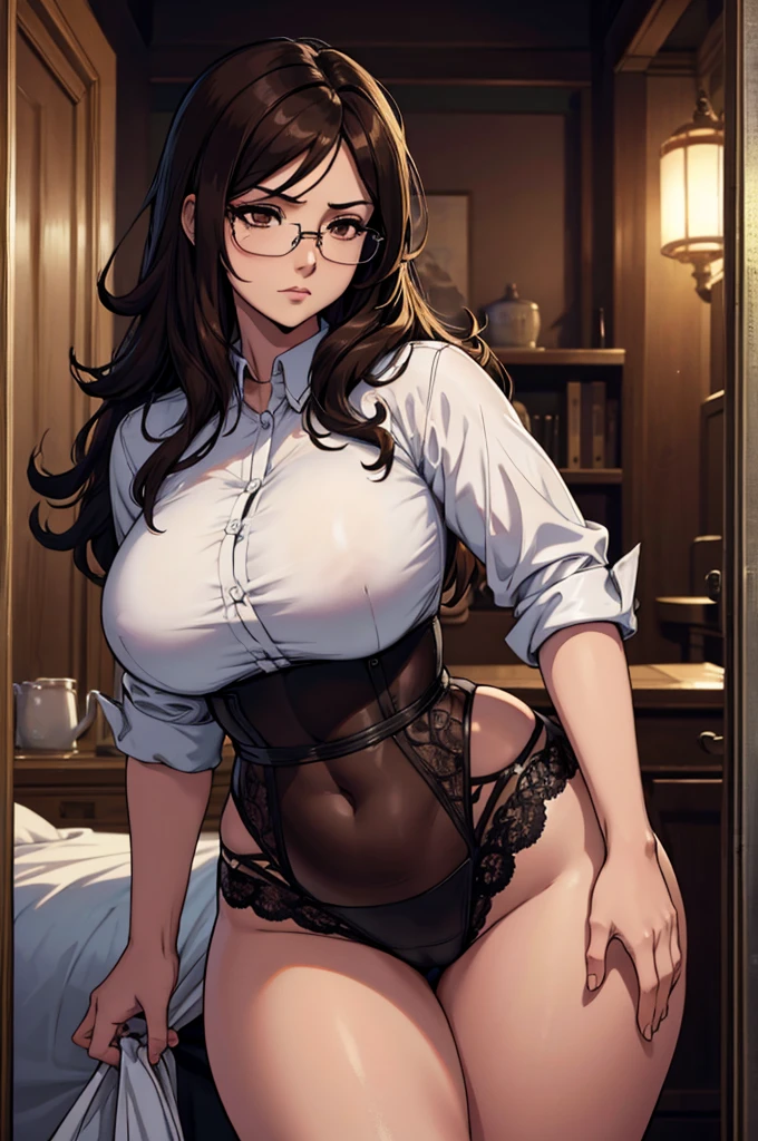 a beautiful anime mom with large breasts and curvy hips, wearing an oversized shirt with no pants, wearing glasses, long dark hair, brown eyes, hyper detailed, photorealistic, 8k, masterpiece, high quality, exquisite, intricate details, chiaroscuro lighting, cinematic composition, dynamic pose, sensual, elegant