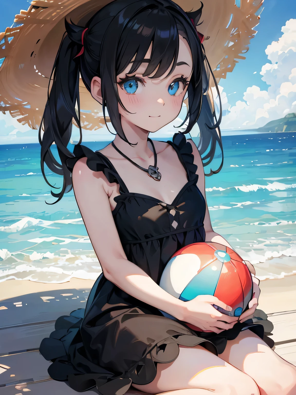 solo, (marnie pokemon), ((masterpiece)),((high resolution)), ((best quality)), extremely fine and beautiful, super fine illustration, (realistic skin), (insanely detailed anime eyes), detailed face, vivid and beautiful, shocking sensation, incredibly detailed, beautiful detailed girl, front view, facing at viewer, profile, perfect shadow, realistic lighting shaded, (black hair), ((child)), (white sundress), (small breast), (beach background), (sun hat), (smile), (shy), (sitting), (sit at shadow), (beach ball), (short pigtails hair)