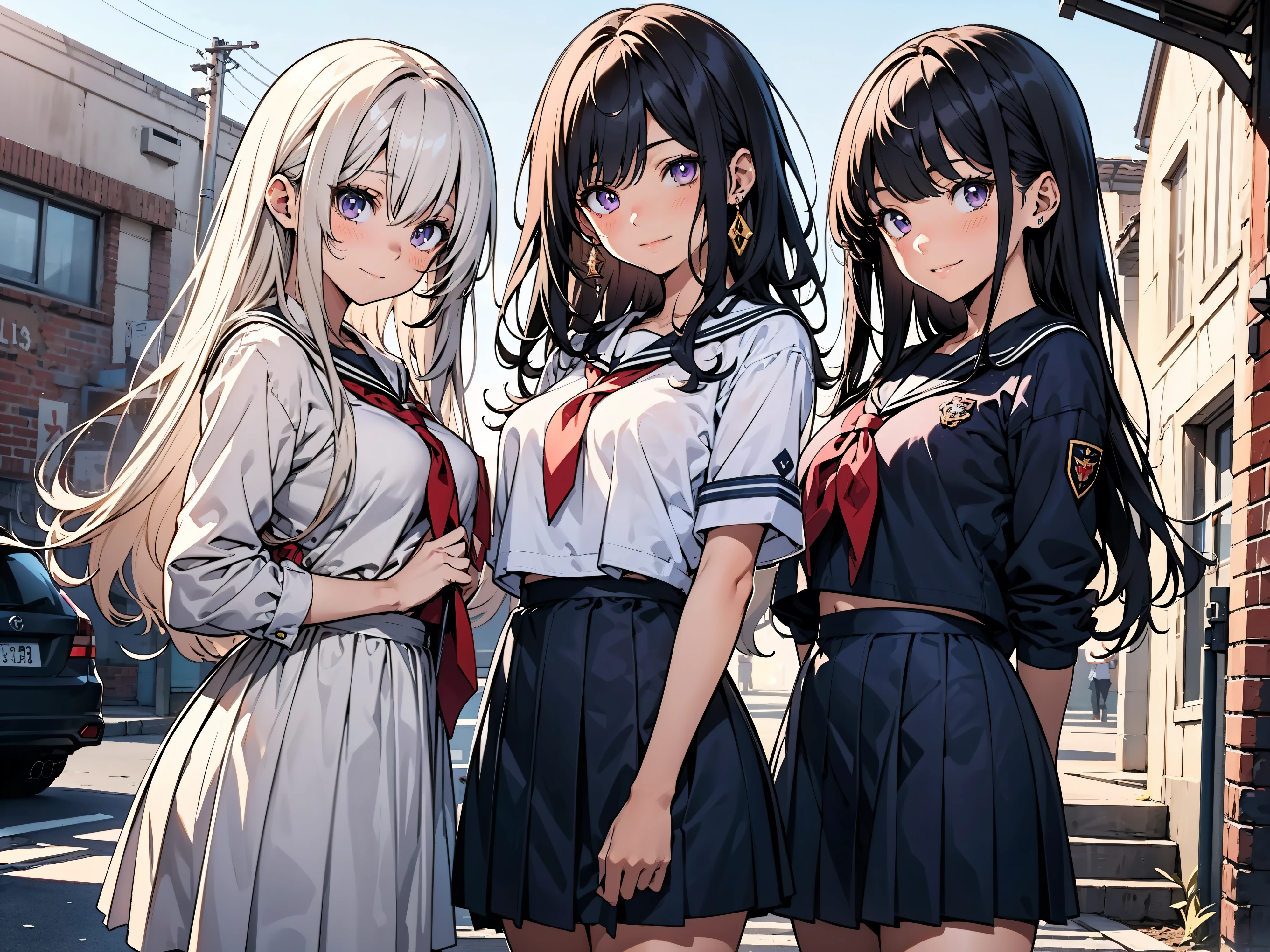 body 8 times longer than head, (Highly detailed CG unity 8k), (highest quality)(very detailed)(ultra high resolution), High school girl wearing a navy sailor suit, Anime 2D rendering, realistic young anime high school girl,light smile, purple eyes, small breasts, tall, slanted eyes, school scenery, bright color, Dark blue skirt,nsfw, nude,3 girl,