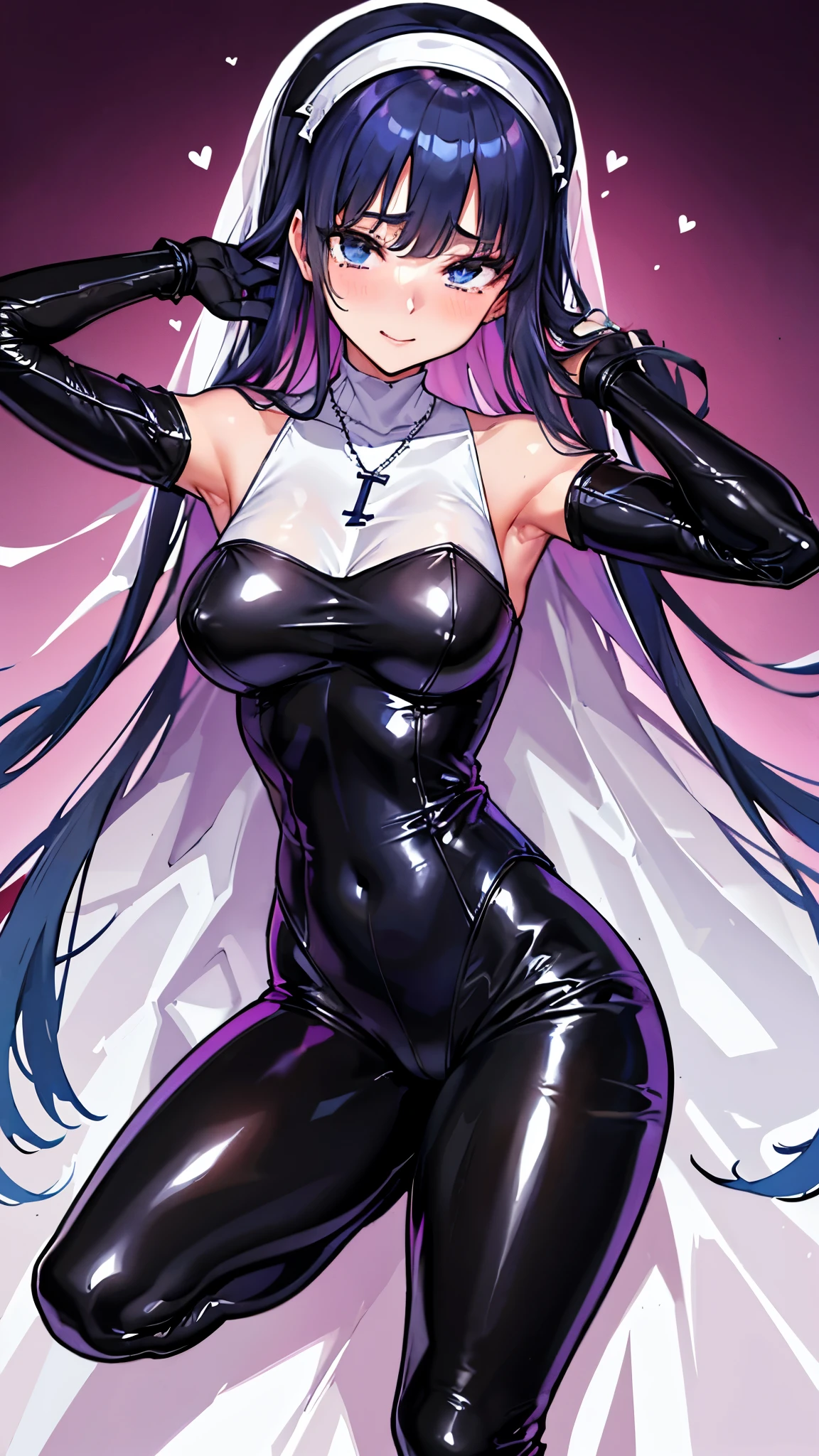 A beautiful woman dressed as a church sister, Strike a pose gracefully. She has a perfect face、, Expressive eyes, long flowing hair, And a kind smile. Her body is perfectly balanced, With a slim waist and beautiful curves. 彼女の教会のNunsたちの衣装は伝統的な要素で飾られている., Includes a modest dress with a veil and intricate embroidery. The embroidery is delicate, beautiful, Casually sexy, Enhance the elegance of your outfit. This dress has a high neck and long sleeves.., Decorated with lace and intricate patterns. The veil is of high quality, The translucent material flows gracefully over the shoulders.. The background is soft and blurred、Focus on her.. Make your underarms look natural、Maintaining balance throughout the body. The character needs to appear graceful and confident... Show me your armpits, Embarrassing, Are crying, anger, (Nuns),(Cross Necklace), Latex bodysuit, Shiny clothes, Perfect fit for your skin, habit, Latex gloves,Black bodysuit,Thigh-high boots, Sleeveless,