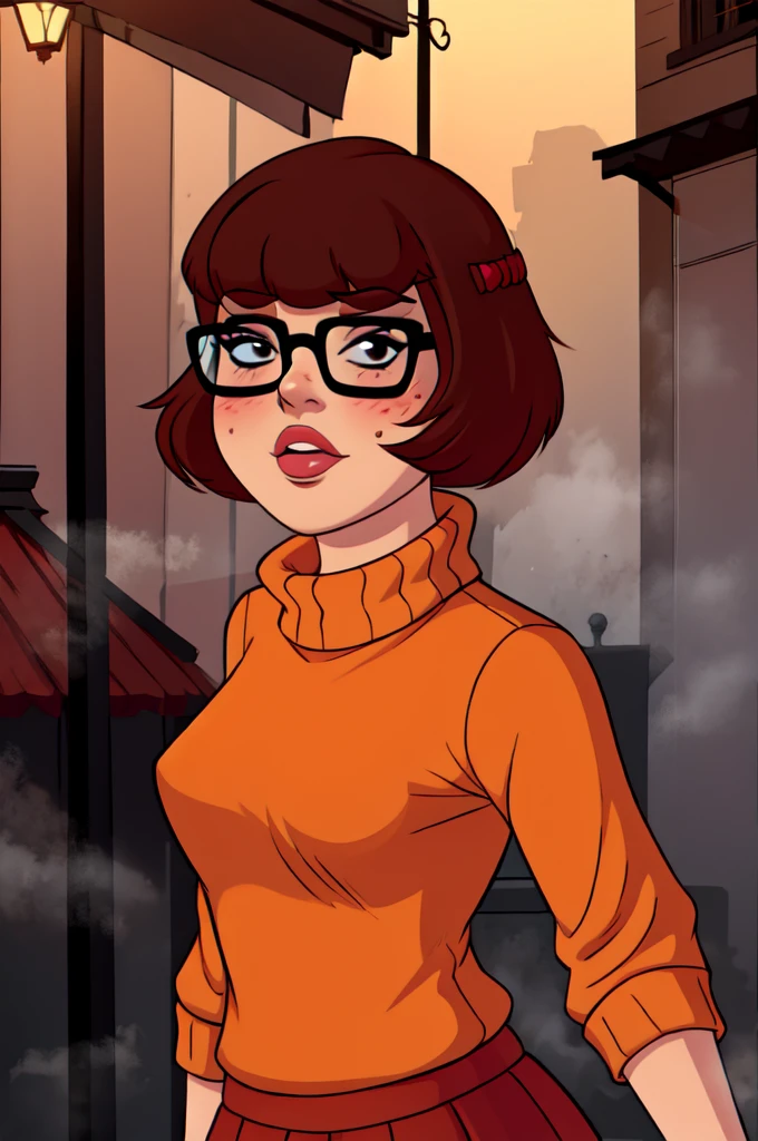 1girl, Velma from scooby-doo, solo, skinny, brown hair, black eyes, square glasses, orange turtleneck blouse and red skirt, eyeliner, looking at viewer, lips, black bob cut, blunt bangs, blush, standing, upper body, face focus, outdoors, horror \(theme\), night, fog egirlmakeup,