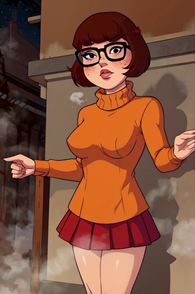 1girl, Velma from scooby-doo, solo, skinny, brown hair, black eyes, square glasses, orange turtleneck blouse and red skirt,  eyeliner, looking at viewer, lips, black bob cut, blunt bangs, blush, standing, upper body, face focus, outdoors, horror \(theme\), night, fog egirlmakeup, 