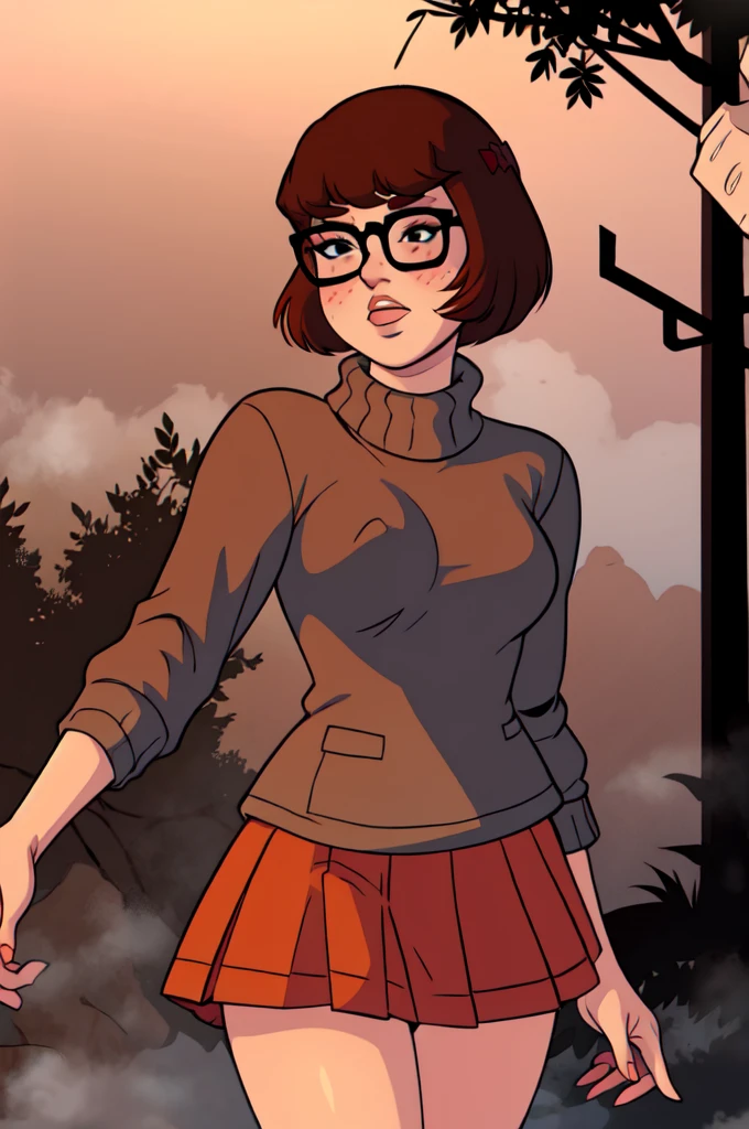 1girl, Velma from scooby-doo, solo, skinny, brown hair, black eyes, square glasses, orange turtleneck blouse and red skirt,  eyeliner, looking at viewer, lips, black bob cut, blunt bangs, blush, standing, upper body, face focus, outdoors, horror \(theme\), night, fog egirlmakeup, 