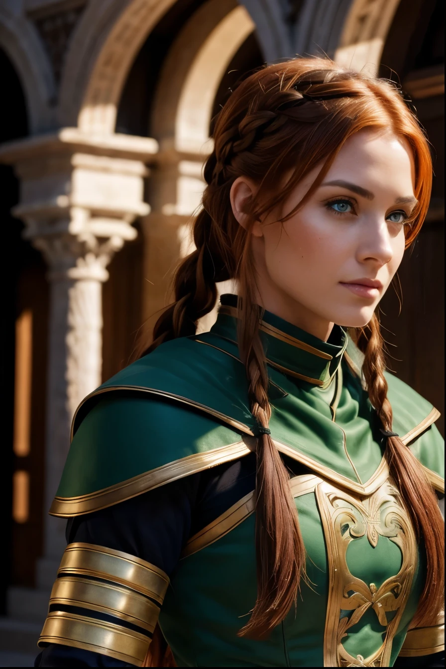 Same woman, fix eyes, zoom out more and show more of her body in frame, 8k resolution, smirk, pull camera back, zoom out, wearing a padded arming doublet, masterpiece, best quality, 8k, background in focus, detailed texture, detailed cloth texture, beautiful detailed face, determined expression, intricate details, ultra detailed, a european woman in her mid 30s, green eyes, red auburn hair in a french braid, 3D character, Medieval, no helmet, 1 woman, Medieval woman with a braid, full body view a female warrior, medieval female warrior, very beautiful warrior woman, female character with a determined look and smirk, female warrior, fantasy character, very beautiful woman top model, detailed matte fantasy, beautiful female warrior, full body view