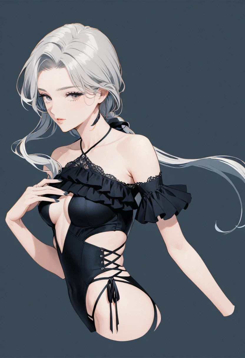 A sexy one-piece swimsuit with an off-shoulder design, highlighting bare shoulders and double thin straps for added allure. The swimsuit has a large, dramatic ruffle extending from one shoulder across the chest, enhancing the feminine and flirty look. The sides feature revealing lace-up cutouts. The swimsuit is in a seductive black color, with a sleek and solid design, free of patterns.