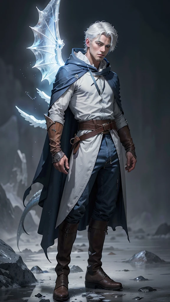 Design 1wizard man shooting a ice beam. Young man with a transparent hooded cape.Light gray hair Gray eyes Wearing a white button-down shirt Wearing blue pants Wearing a brown belt Wearing short brown boots Wearing blue gloves on your hands. Dragon wings on his back. epic.cinematografico.