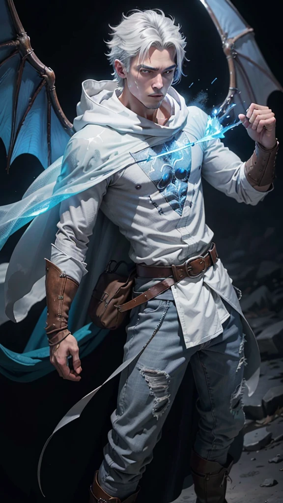 Design 1wizard man shooting a ice beam. Young man with a transparent hooded cape.Light gray hair Gray eyes Wearing a white button-down shirt Wearing blue pants Wearing a brown belt Wearing short brown boots Wearing blue gloves on your hands. Dragon wings on his back. epic.cinematografico.