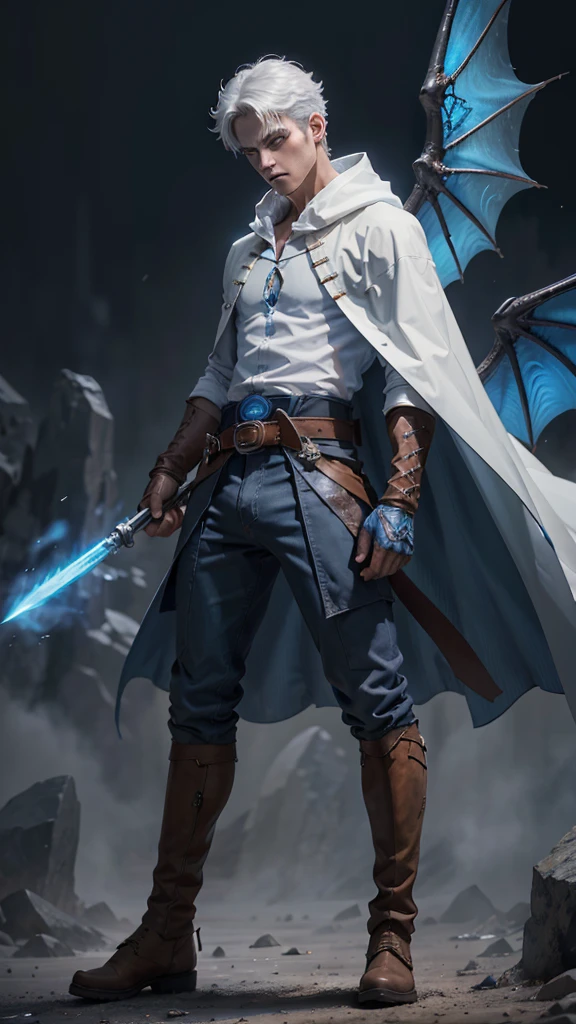 Design 1wizard man shooting a ice beam. Young man with a transparent hooded cape.Light gray hair Gray eyes Wearing a white button-down shirt Wearing blue pants Wearing a brown belt Wearing short brown boots Wearing blue gloves on your hands. Dragon wings on his back. epic.cinematografico.