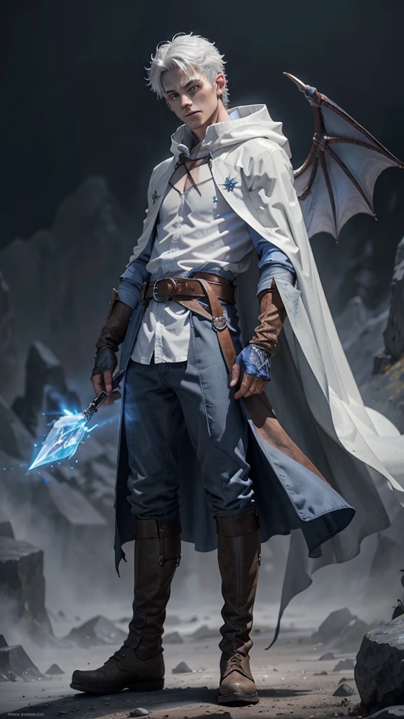 Design 1wizard man shooting a ice beam. Young man with a transparent hooded cape.Light gray hair Gray eyes Wearing a white button-down shirt Wearing blue pants Wearing a brown belt Wearing short brown boots Wearing blue gloves on your hands. Dragon wings on his back. epic.cinematografico.