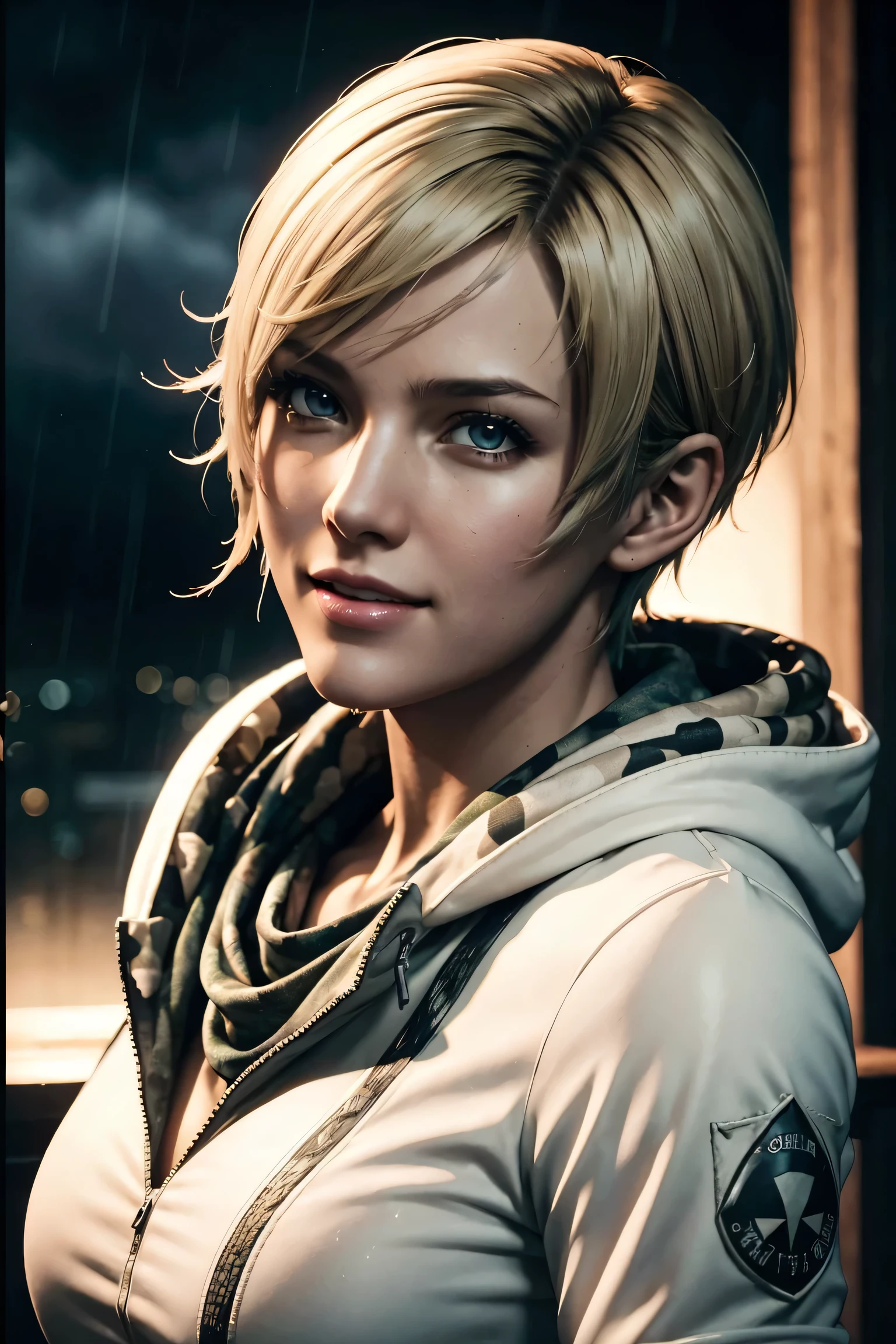 Resident Evil 6,Shelley,Short Hair,Blonde Hair,White hoodie,Camouflage neck warmer,Photorealistic,Ultra HD,high quality,masterpiece,Digital SLR,Detailed details,Intricate details,Anatomical basis,Depicted in detail,A detailed face,Realistic skin texture,Vivid details,Perfect Anatomy,Perfect Anatomy,Anatomically correct hand,Anatomically correct fingers,Super Detail,Complex 3D rendering,Sexy pose,Rainy Sky,Beautiful scenery,Fantastic rainy sky,Picturesque,Pink Lips,smile,