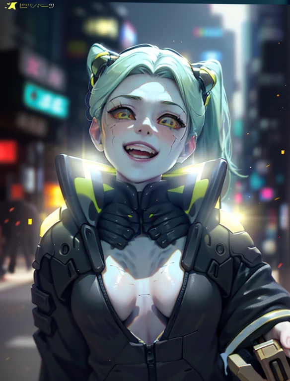 (cinematic, 8k, best quality, masterpiece: 1.2), (realistic, photo-realistic: 1.37), ultra-detailed, soft light, best quality, ultra highres, raw photo in HDR, sharp focus, intricate texture, skin imperfections, 1 girl, cute, solo, raw photo, Rebecca a robotic girl with green hair, laughing, pink tattoo on her neck and belly, wearing a black jacket with yellow details, holding a pistol in hand, 19yo, camel fingers, slim body, warm body, shiny skin, realistic textures, reflected lighting, volumetric lighting. Background a cyberpunk city at night, neon lighting.