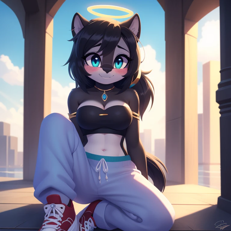 panther, black fur, baggy pants, strapless crop top, cleavage, high-top sneakers, black hair, pony tail, halo, sunglasses, jewelry, aqua eyes, longeyelashes, aqua eyes, smile, shy, blush, high detail, masterpiece, UHD, anatomically correct, super detail, highres, 4K