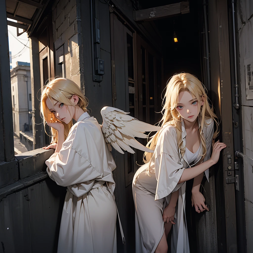 very dark image, angel, injured wings, white eyes, blonde hair, dark alley of the city, leaning on the walls, seriously injured.