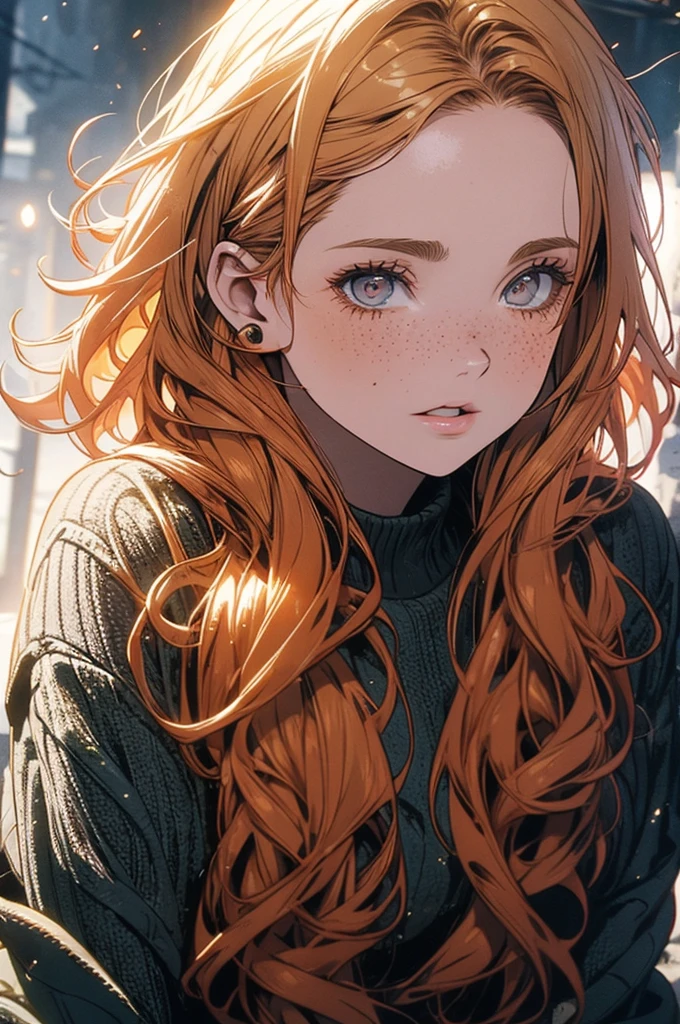 Pretty Irish woman with curly ginger air, freckles, in zombie apocalypse