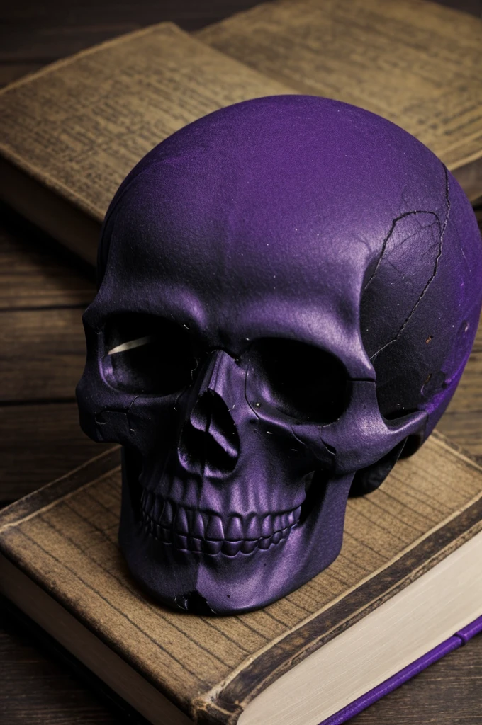 a book , with a skull in the middle , black with purple