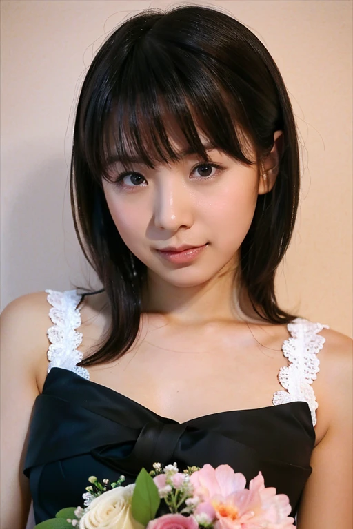 Medium Size Display, Medium Shot, Written boundary depth, bust, Upper Body, Movie angle, masterpiece, Highest quality, Very detailed, CG, 8k wallpaper, Beautiful Face, Delicate eyes, Otome, alone, smile, bangs, have,Black tank top, bow, petal, bouquet