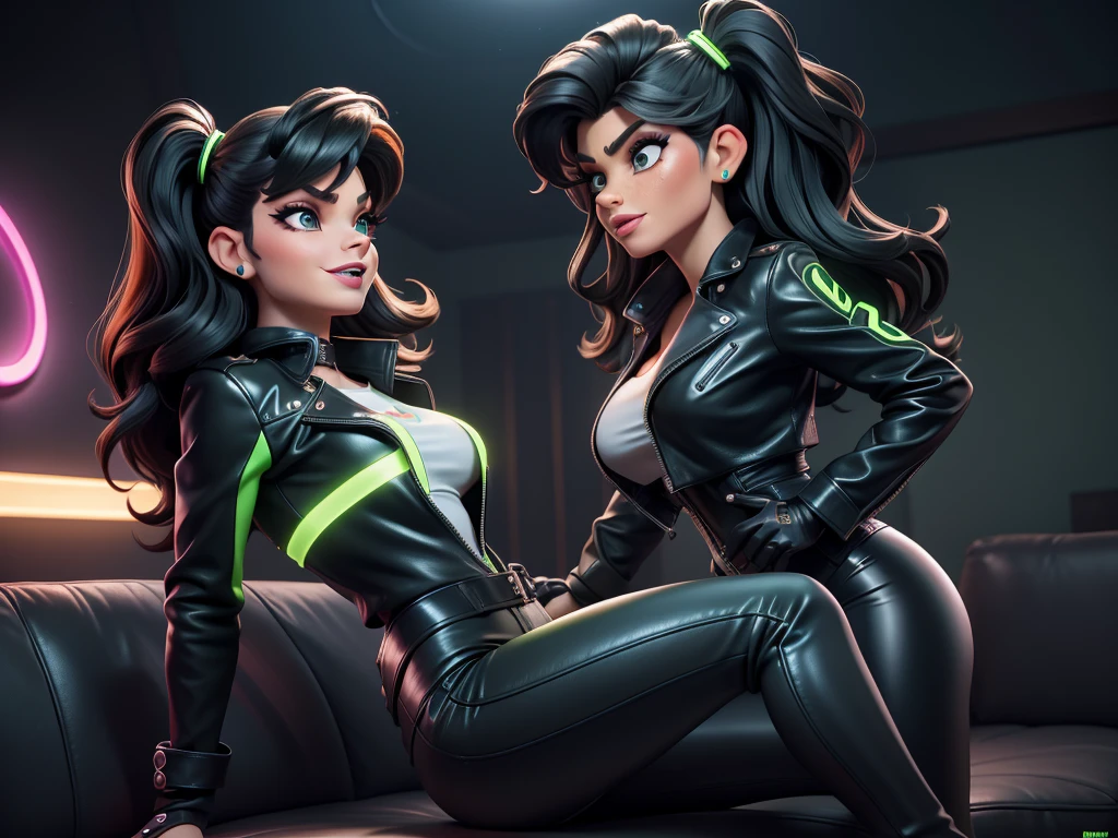 obra prima, melhor qualidade, ((kirstie alley as a vulcan, black hair,)) head back, sassy wicked, open mouth, big teeth smile, thick smoky black eye shadow, long fake eyelashes, sultry eyes, ((dark orange leather biker jacket,)) biker jacket has stiff collar, leather blouse, ((neon green pvc skinny pants,)) studs zippers snaps, shiny leather gloves, nip slip, body is skinny, laying down hugging each other on sofa, shiny tight buttocks, arched back, mashing breasts, (passionate kissing,) camera view of whole body, looking up at me, shallow depth of field, highres, HD, 8k, anatomically correct