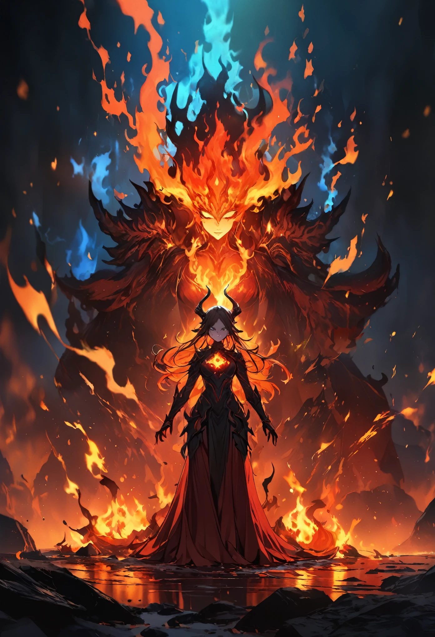 A woman in a red and black dress has flames on her chest., Her body is made of flames., Fire Devil, appears as the Fire Goddess, lava and Fire Goddess, fire, She has fire power., Fire Goddess, Woman made of black flames, Goddess of Fire, Flame conjures armor, fire queen, Avatar, Flames surround her, hot Fire Goddess ((Best quality, 8K, Masterpiece: 1.4)),((Amazing detail: 1.3)),((illustration: 1.2)),((high resolution: 1.1)),eldritch,flame elemental, fire demon, luminous fire elemental,Empty background,astral,Viscous liquid,Colorful, vapour, Dark style, Dark fantasy, Perfect hand,Murderous face,Human anyway,lava
