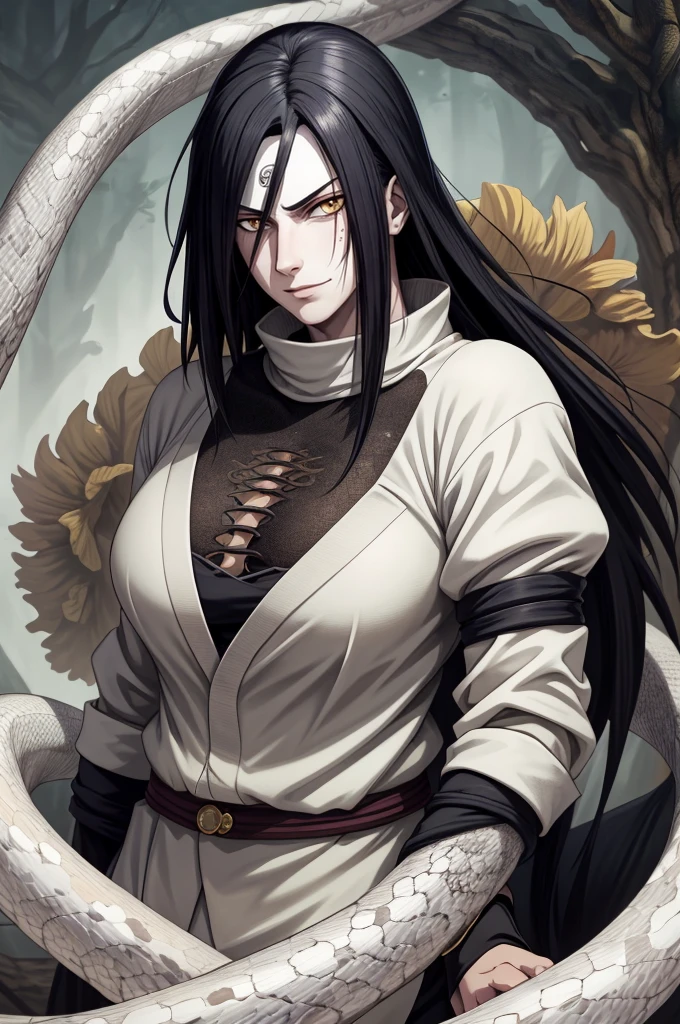 {-erro_de_anatomia:1.0} estilo anime, Masterpiece, absurdities, Orochimaru\(Naruto\), 1girl Solo, Mature woman, Oversized shirt with broad shoulders, Perfect composition, Detailed lips, large breasts, Beautiful face, body proportion, Blush, Long black hair, ( black hair), yellow eyes, Soft gauze, Super realistic, Detailed, photo shoot, Realistic faces and bodies, masterpiece, best quality, best ( white snake) illustration, hyper detailed, 1 girl, solo, glamorous, blushing, whole body,