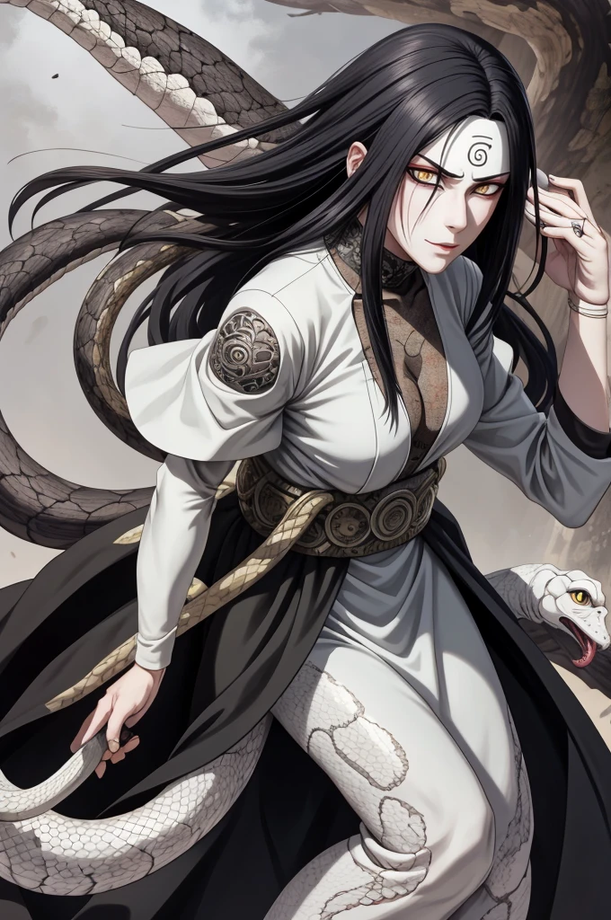 {-erro_de_anatomia:1.0} estilo anime, Masterpiece, absurdities, Orochimaru\(Naruto\), 1girl Solo, Mature woman, Oversized shirt with broad shoulders, Perfect composition, Detailed lips, large breasts, Beautiful face, body proportion, Blush, Long black hair, ( black hair), yellow eyes, Soft gauze, Super realistic, Detailed, photo shoot, Realistic faces and bodies, masterpiece, best quality, best ( white snake) illustration, hyper detailed, 1 girl, solo, glamorous, blushing, whole body, 