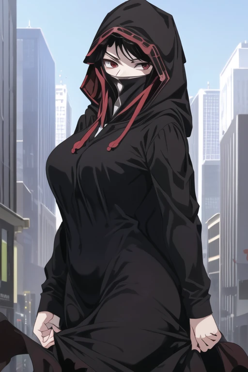 NNAssassinFSF, 1girl, solo, large breasts, black hair, red eyes, long sleeves, dress, hood, black dress, black cloak, hood up, black robe, covered mouth, hooded cloak, ((masterpiece,best quality)) cowboy shot, city, park