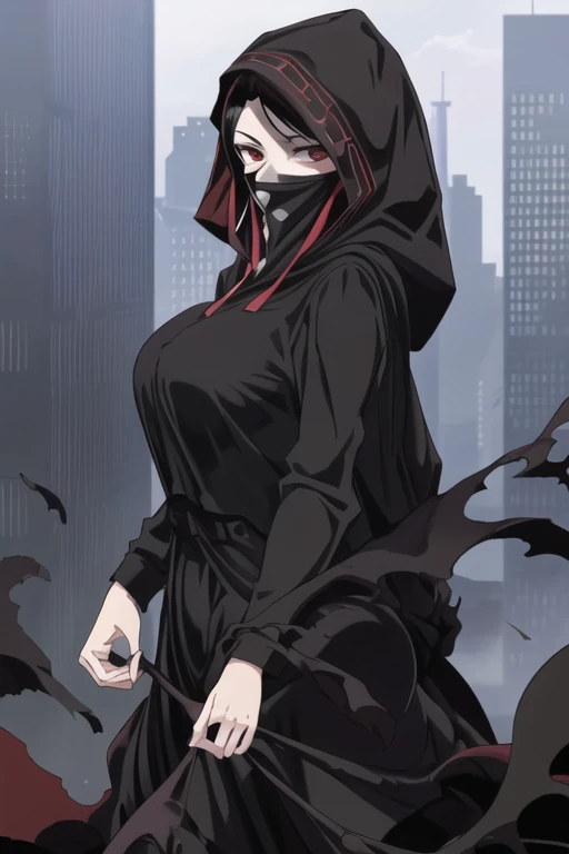 NNAssassinFSF, 1girl, solo, large breasts, black hair, red eyes, long sleeves, dress, hood, black dress, black cloak, hood up, black robe, covered mouth, hooded cloak, ((masterpiece,best quality)) cowboy shot, city, park