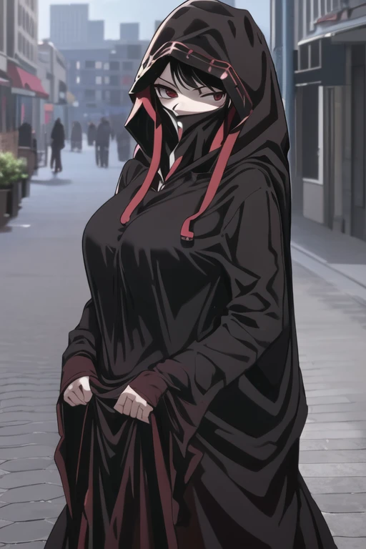 NNAssassinFSF, 1girl, solo, large breasts, black hair, red eyes, long sleeves, dress, hood, black dress, black cloak, hood up, black robe, covered mouth, hooded cloak, ((masterpiece,best quality)) cowboy shot, city, park