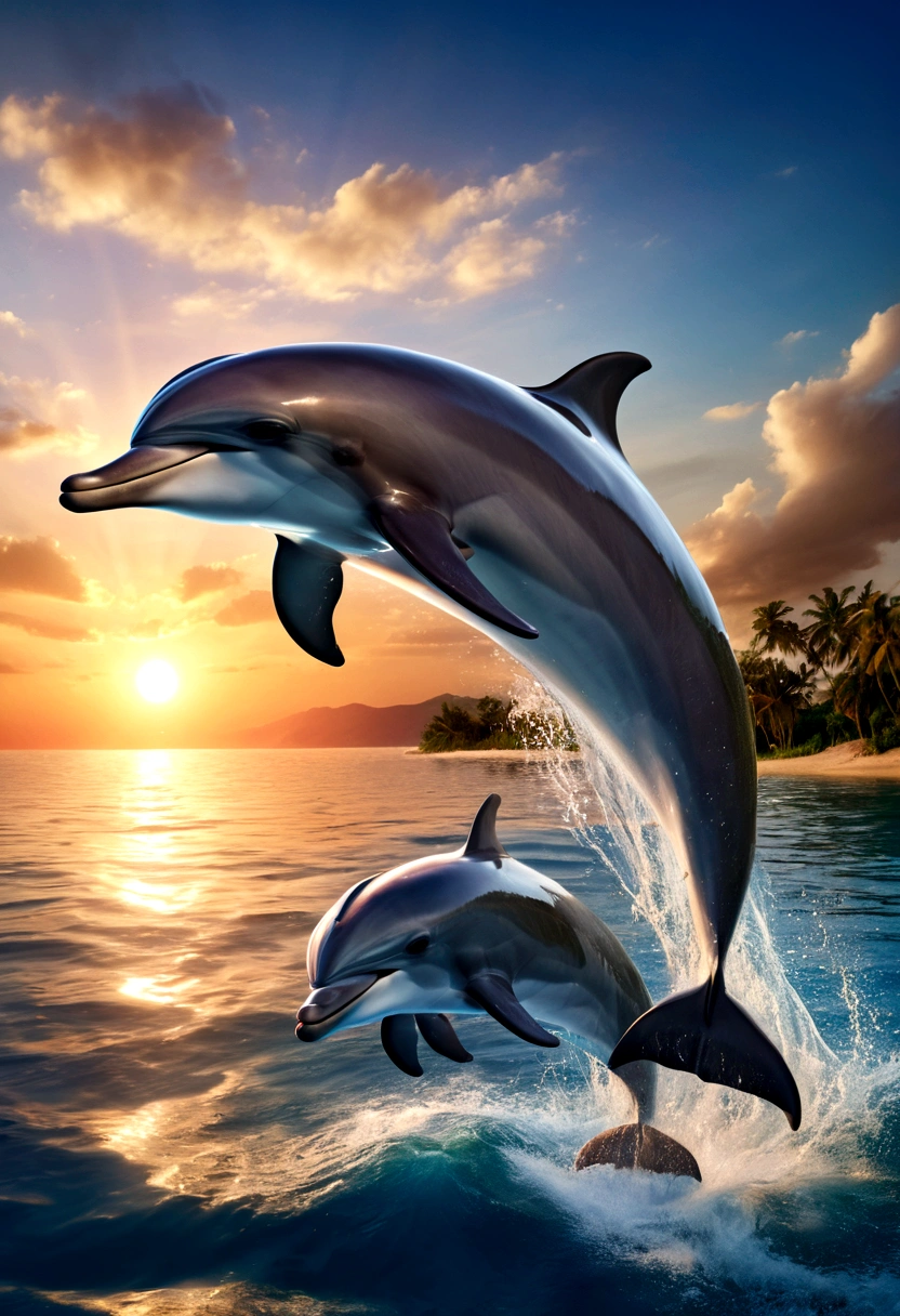 Highest quality, Masseter muscle area, Ultra-high resolution, (Realistic:1.4), RAW Photos, Professional Lighting, high resolution, High definition, masterpiece、Dolphin、Jumping、big、big、Sunset in the background、Hurry