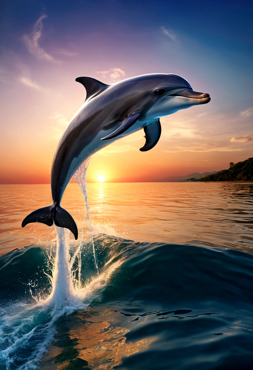 Highest quality, Masseter muscle area, Ultra-high resolution, (Realistic:1.4), RAW Photos, Professional Lighting, high resolution, High definition, masterpiece、Dolphin、Jumping、big、big、Sunset in the background、Hurry