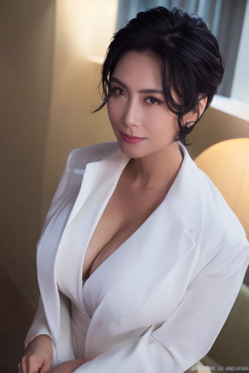 (In 8K, Highest quality, masterpiece:1.2), (Realistic, Photorealistic:1.37), Very detailed, Natural light, Medium Chest, I can see her , 1 person, 35-year-old woman, Black Hair, short hair, Look up at the viewer from below, meanwhile, Light knit V-neck shirt, At the time of the performance, Very detailed顔と肌, Detailed eyes, Very detailed顔と肌