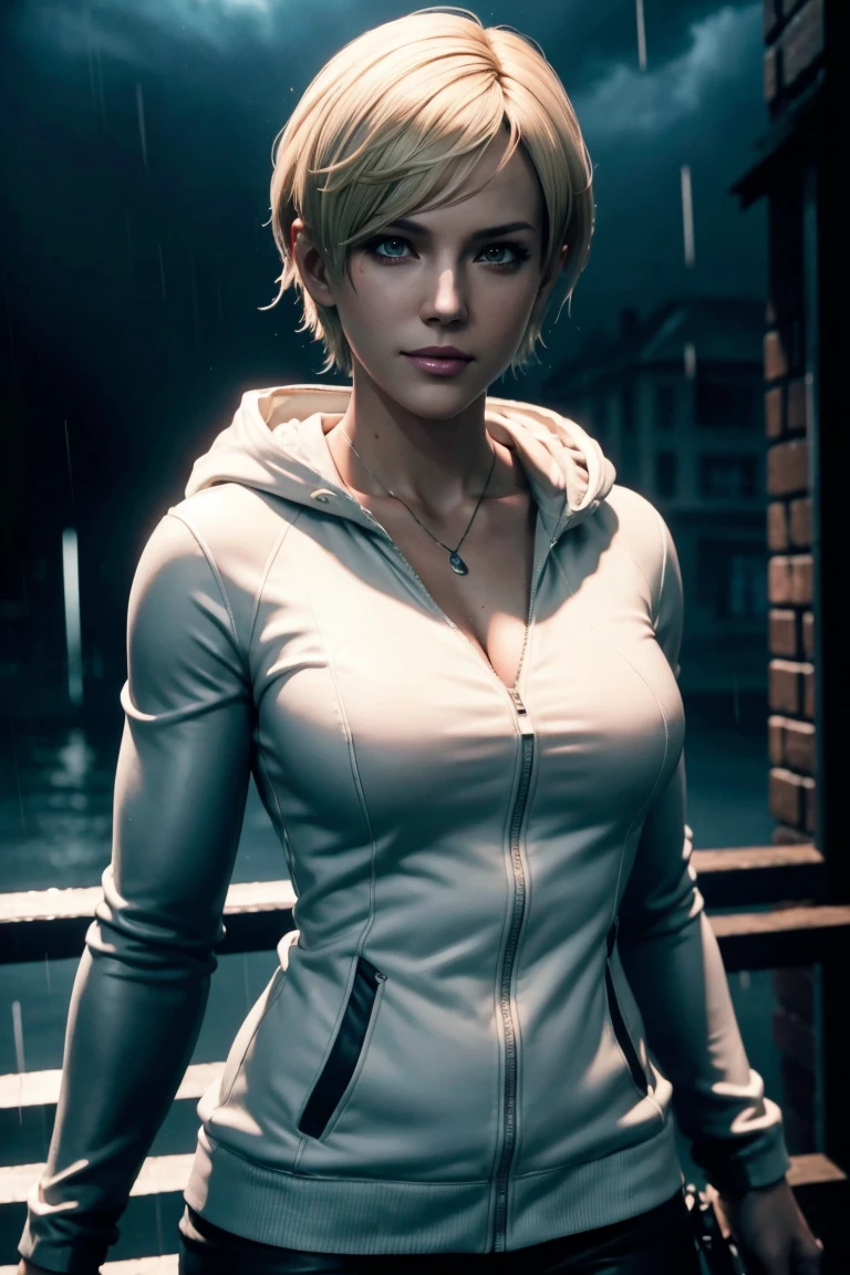 Resident Evil 6,Shelley,Short Hair,Blonde Hair,White hoodie,Cold protection,neck warmer,Photorealistic,Ultra HD,high quality,masterpiece,Digital SLR,Detailed details,Intricate details,Anatomical basis,Depicted in detail,A detailed face,Realistic skin texture,Vivid details,Perfect Anatomy,Perfect Anatomy,Anatomically correct hand,Anatomically correct fingers,Super Detail,Complex 3D rendering,Sexy pose,Rainy Sky,Beautiful scenery,Fantastic rainy sky,Picturesque,Pink Lips,smile,
