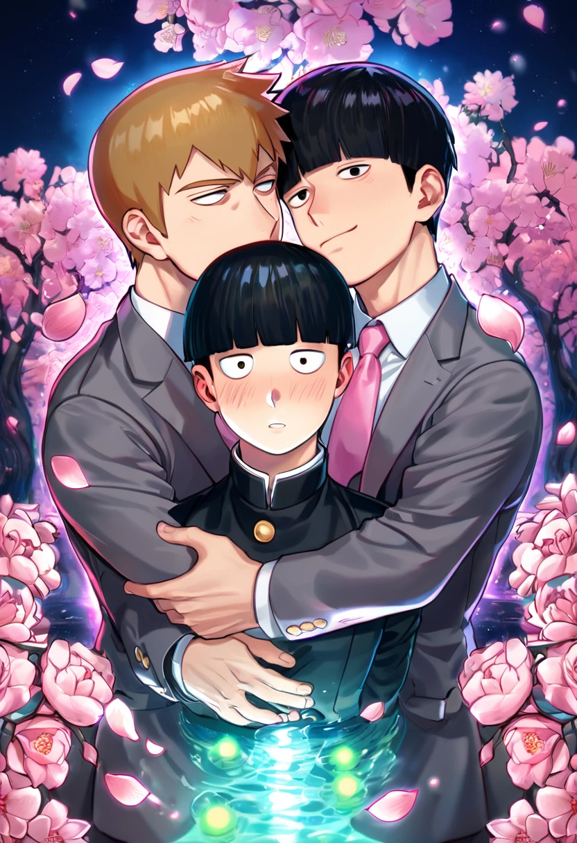 Ultra detailed, Highres, absurdres, HDR, Reigen Arataka, short reddish-blond hair, expressive dark brown eyes, Kageyama Shigeo, black hair, MOB PSYCHO 100, fantasy, dark grey business suit with a pink tie, handsome, two man together, gay couple, yaoi, very detailed eyes and face, master piece, pink flowers, blossoms, pink petals, magical, water, handsome smile, shining blue fireflies, black clothes
