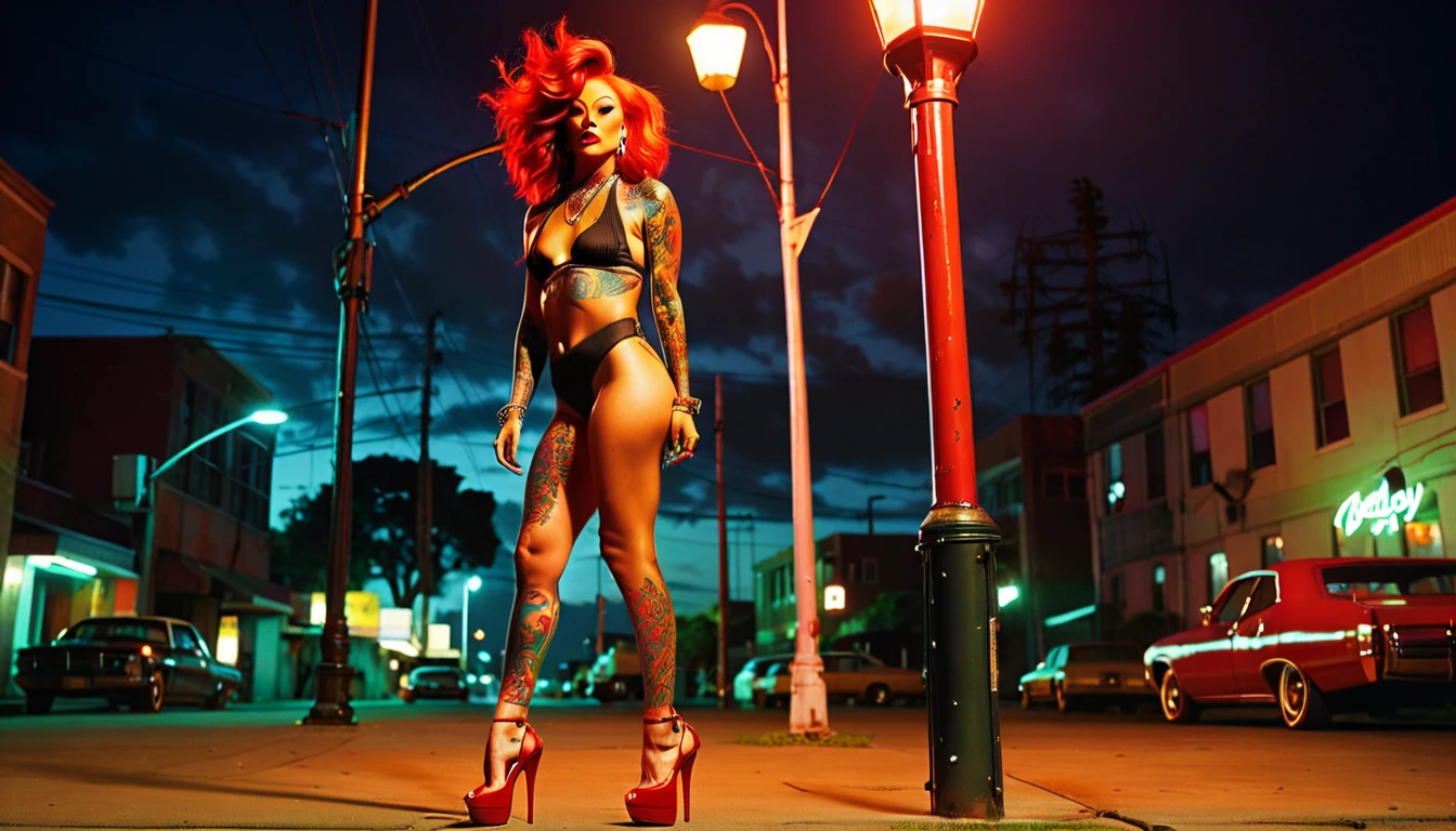 1970s photo of female rapper "Sexyy Red" wearing psychedelic print thongs, she is wearing red high heel shoes, she is standing under a lamppost, she has tattoos on her body, she has fire red hair, outside, night, cinematic action, atmospheric perspective, depth of field, textured skin, super detail, 